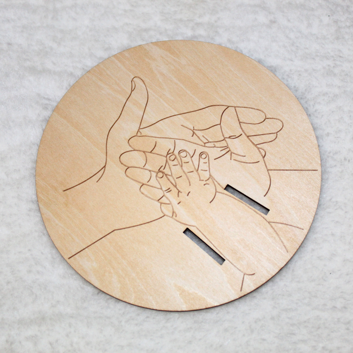 Hospital Bracelet Memory Display with Baby & Parent Hands Design | Laser Engraved Wood Disk