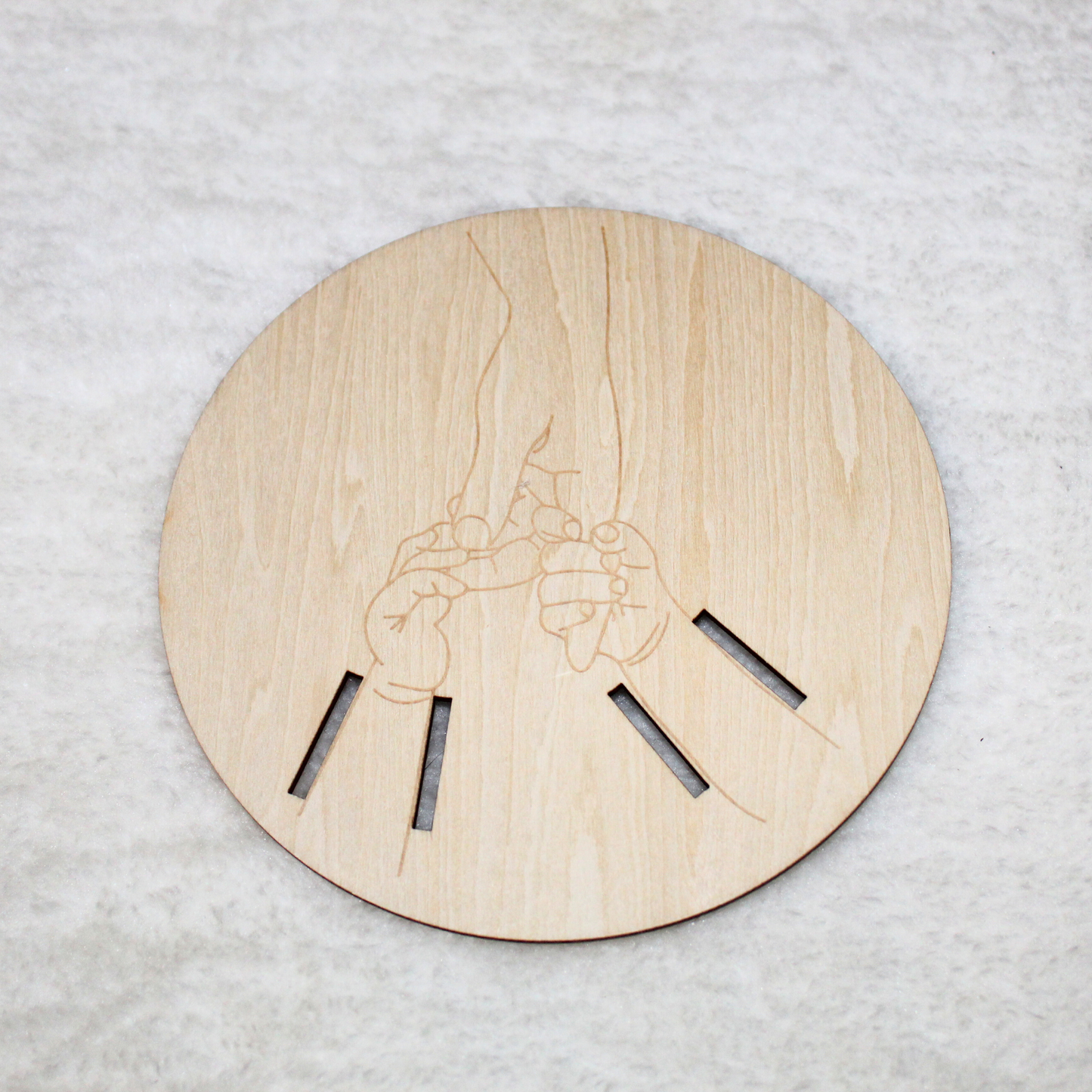 Hospital Bracelet Memory Display with Baby & Parent Hands Design | Laser Engraved Wood Disk