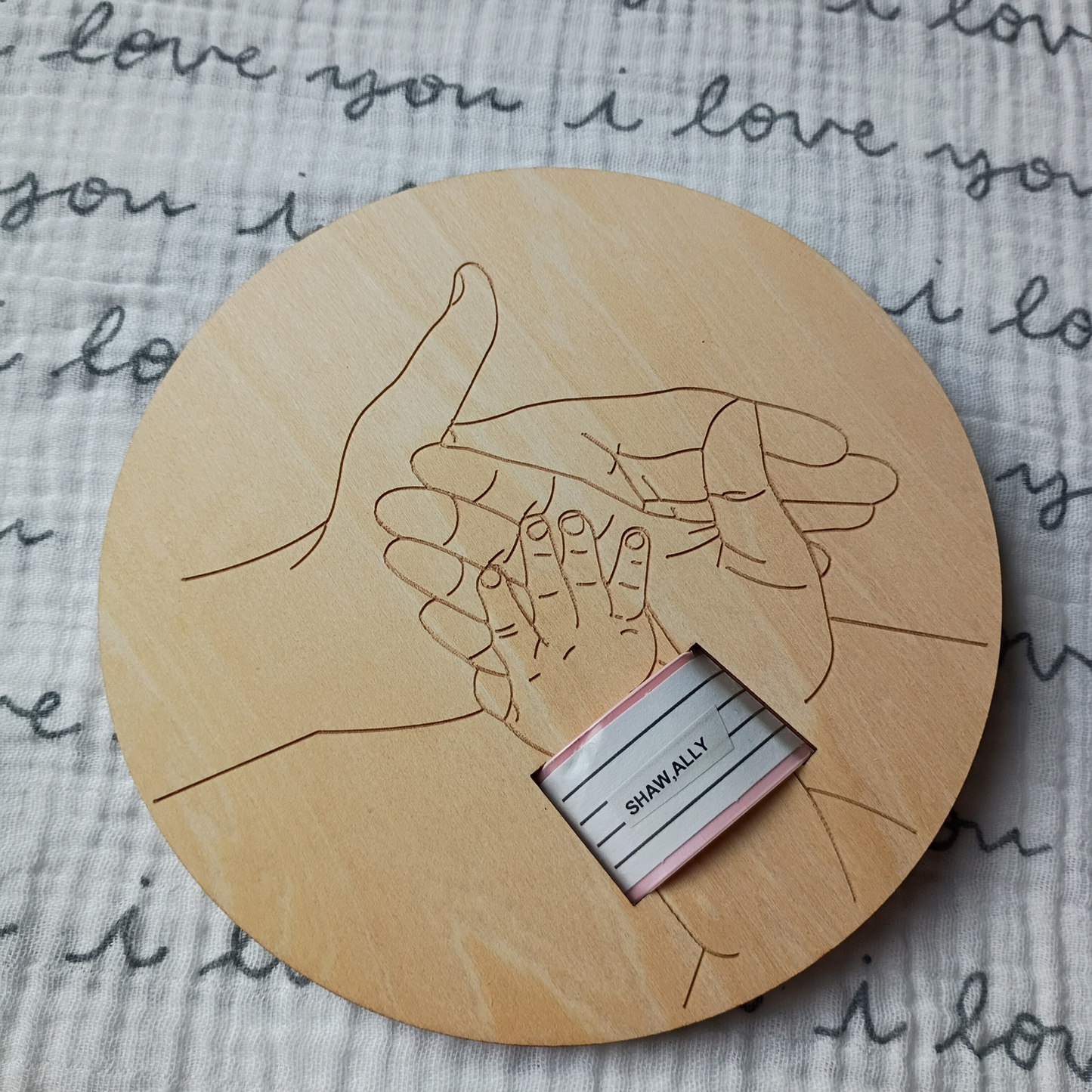 Hospital Bracelet Memory Display with Baby & Parent Hands Design | Laser Engraved Wood Disk