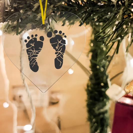 Acrylic Heart Memorial Ornaments with Baby Footprints - Set of 10