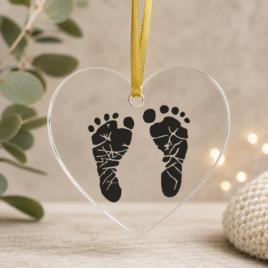 Bulk Set of Acrylic Heart Memorial Ornaments with Baby Footprints - Set of 10