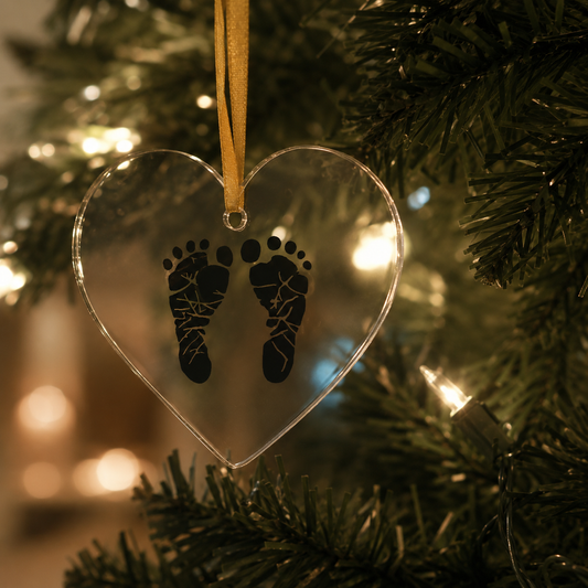 Bulk Set of Acrylic Heart Memorial Ornaments with Baby Footprints - Set of 10