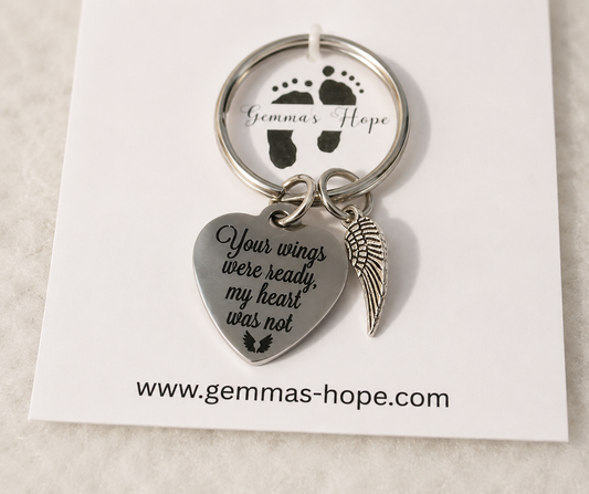 "Your Wings Were Ready, My Heart Was Not" Steel Keychain with Wing Charm