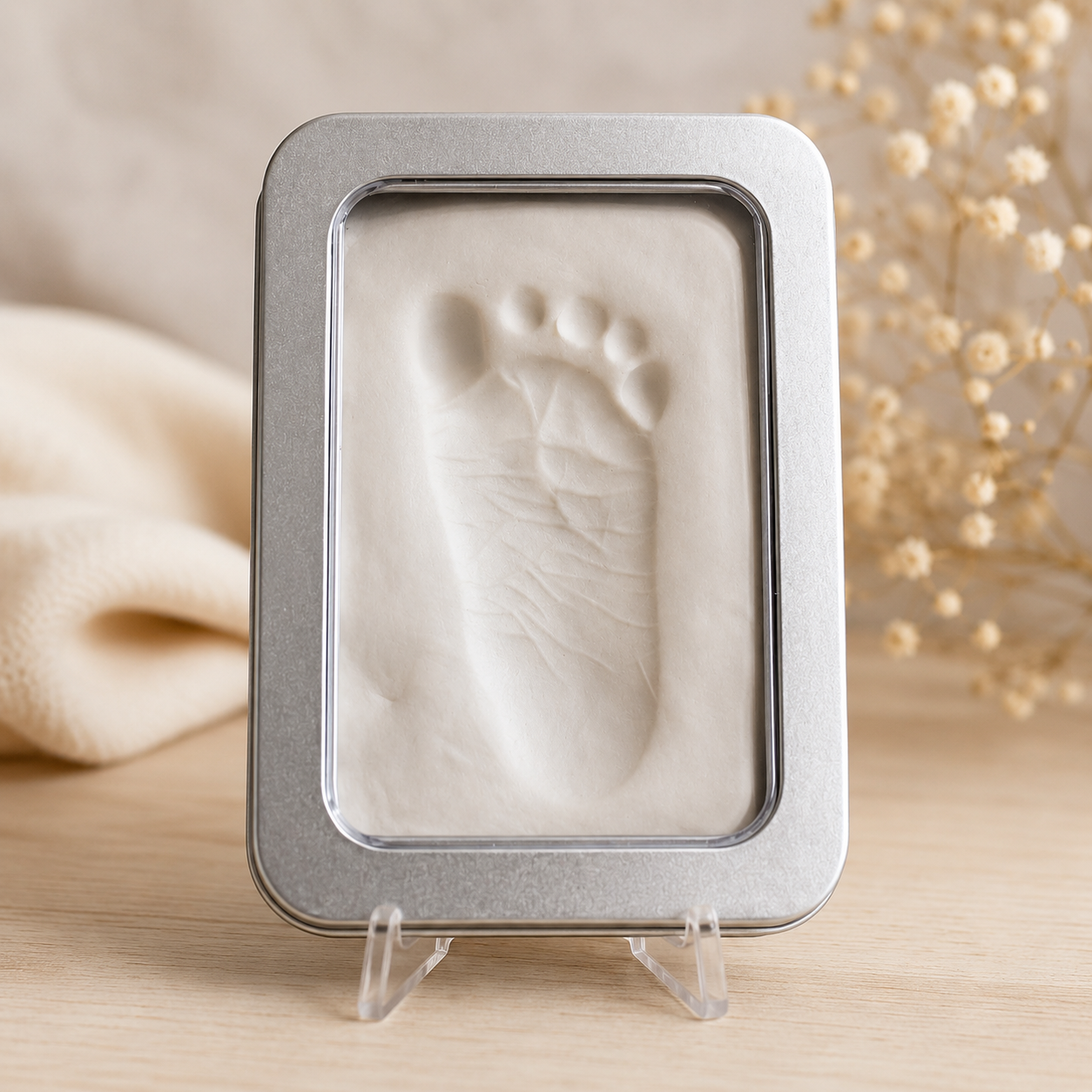 Hand & Foot Air-Dry Impression Kit for Perinatal Bereavement in Keepsake Tin Mold – (4.5"x3.3")