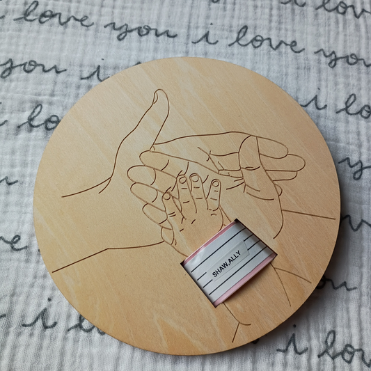 Hospital Bracelet Memory Display with Baby & Parent Hands Design | Laser Engraved Wood Disk
